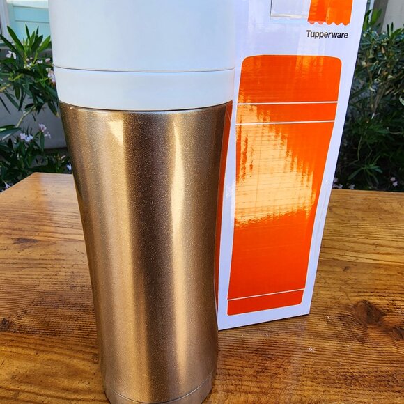 Tupperware Metallic OTG Travel Insulated Thermal Gold Flask Tumbler 14oz NIB - Picture 4 of 9